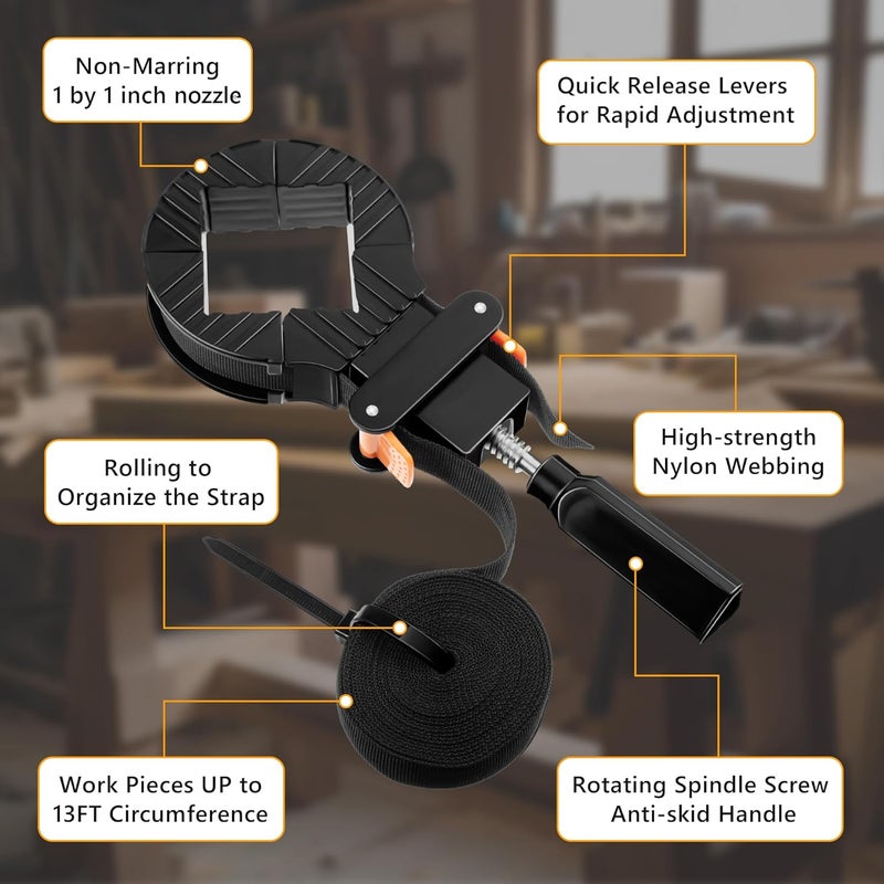 Feekoon 3 Packs 13 FT Belt Band Strap Clamps for Woodworking, Quick Release Band Clamps with 4 Corner Claws, Thick and Sturdy Belt Clamp, Adjustable Picture Frame Clamp Tool - Image 5